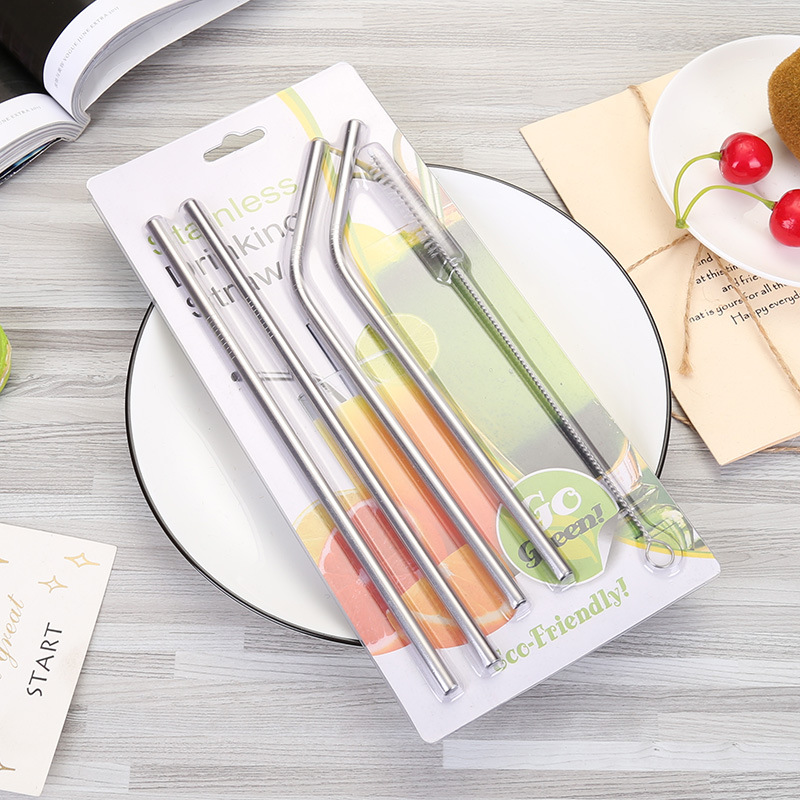 Pajita de acero inoxidable con cepillo de limpieza, Pajita recta curva para beber, accesorios para cocina, Bar y , 4 piezas