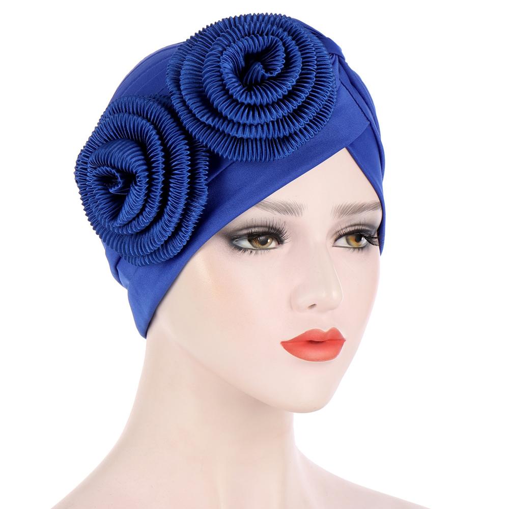 Arab Muslim Head Turban Hat Two Big Flower Appliques Indian Women Headscarf Party Caps Head Accessories TB-203: royal blue