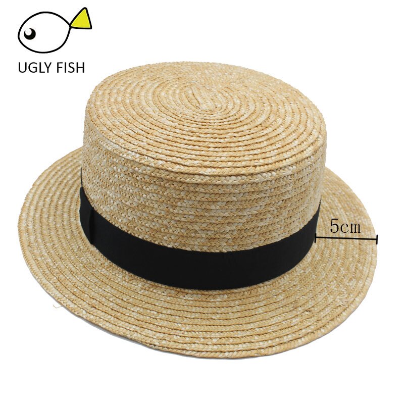 Sun Hats Straw Solid boater hat men women straw boater hat flat summer hats for women men: 5 cm brim