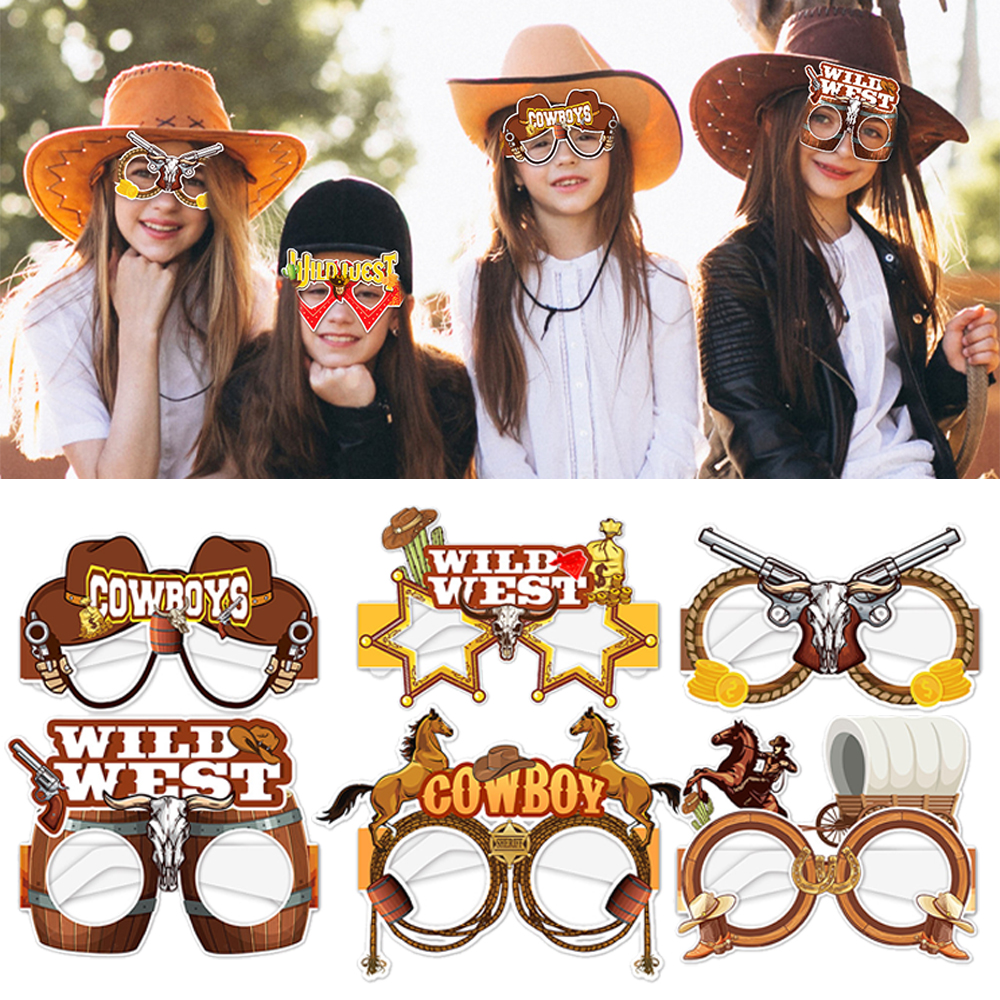 Fotorekwisieten met western cowboythema, papieren brillen, feestartikelen voor kinderen, cowgirl, paardenraces, verjaardagsfeestdecoratie.