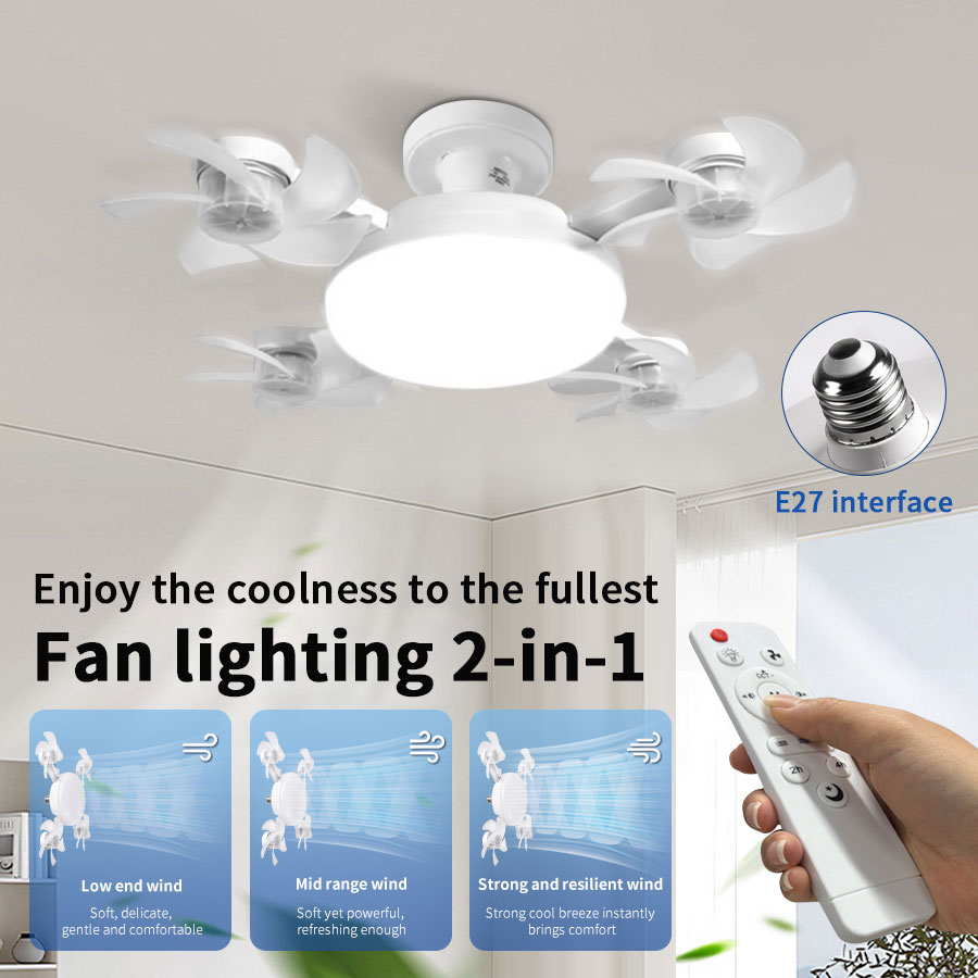 LED-Deckenventilatorleuchten E27 mit Fernbedienung, 3 Farbtemperaturen, dimmbar, verstellbarer Ventilatorwinkel, energiesparendes Ventilatorlicht für Höhle Sommer