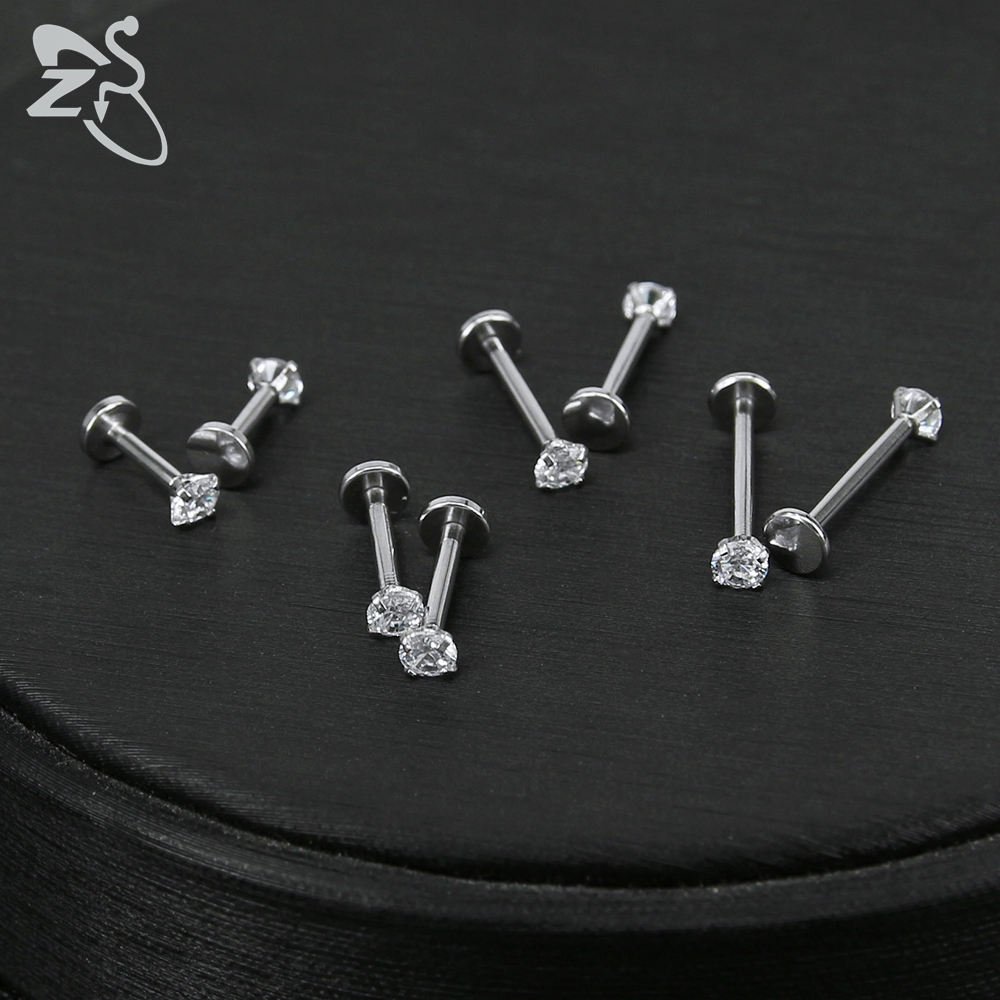 ZS 10 unids/lote 16G Acero inoxidable Labret labio Piercing hombres CZ cristal cartílago Tragus hélice Concha Piercings joyería 6/8/10/12MM