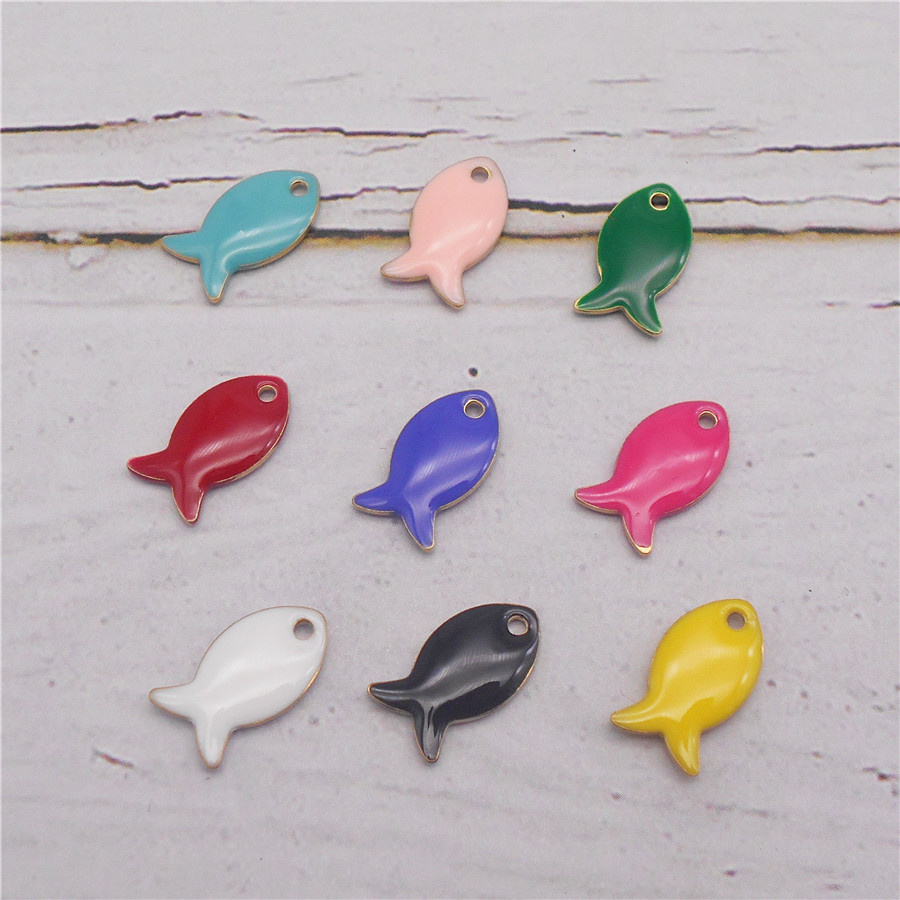 Julie Wang-abalorio de pez pequeño esmaltado de doble cara, pulsera con colgante de Animal de dibujos animados de cobre, Accesorio para hacer joyas, 9 piezas, 14x8mm