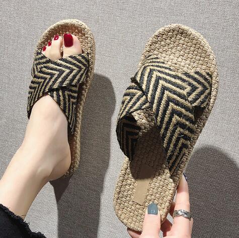 Väv kors sommar tofflor dam strand tofflor skor boho havsflip flops sandaler avslappnad halkfria glidskor: Svart / 7.5