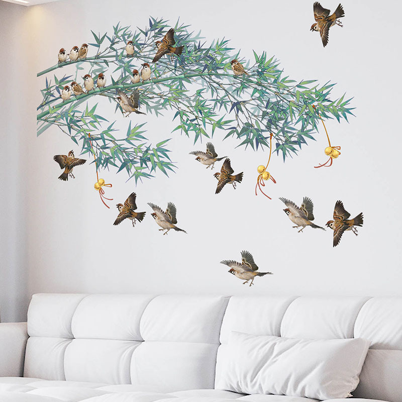 Chinese Inkt Schilderij Bamboe Vogels Muurstickers Voor Woonkamer Slaapkamer Sofa Tv Achtergrond Decor Vinyl Muurstickers Home Decor