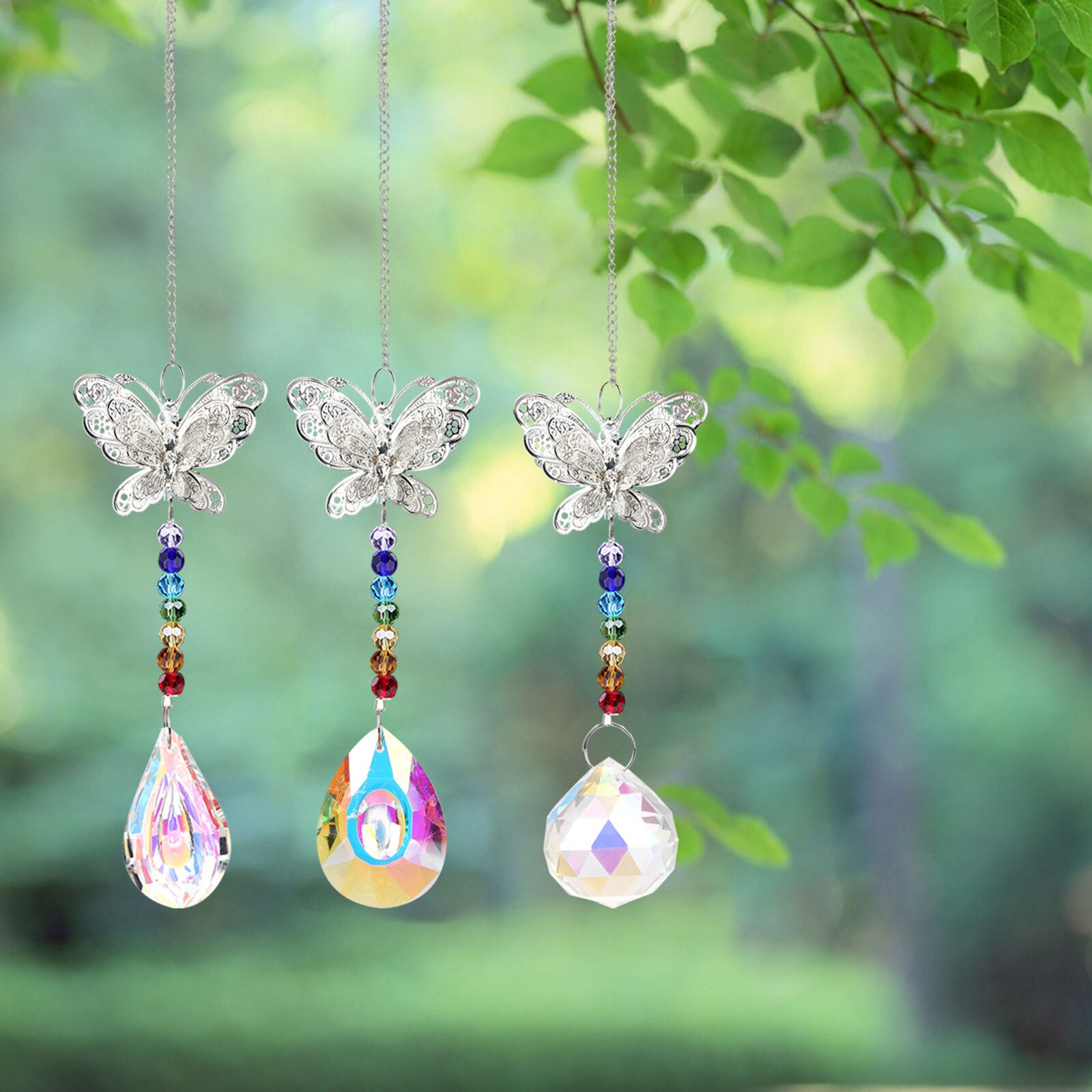 Adornos de cristal de mariposa, carrillón de viento colgante para ventana, lámparas de araña, cortina de luz, prismas, decoración colgante
