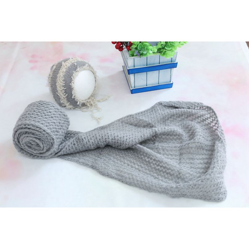 Grey Kleur Gehaakte Mohair Baby Wrap Bonnet set Fotografie props Pasgeboren meisje hoed