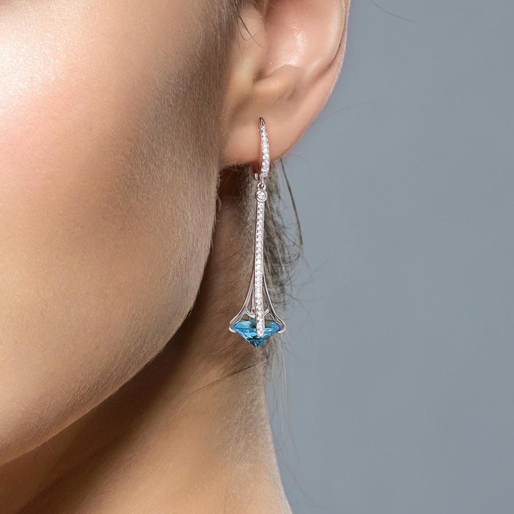 SANTUZZA 925 boucles d'oreilles goutte en argent Sterling rond bleu pierre blanc zircon cubique boucles d'oreilles élégantes pour les femmes de mariage de beaux bijoux