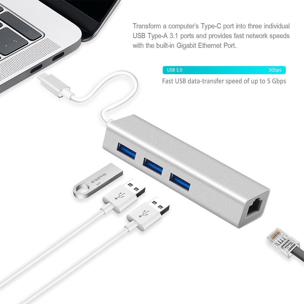 Kebidu Usb 3.0 Hub Type C Naar Ethernet Netwerk Adapter 1000 Mbps RJ45 Usb-C Met 3 Usb 3.0 poorten Usb Splitter Voor Macbook Pro