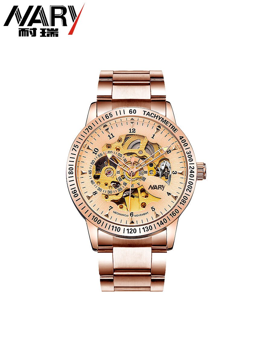 Nary/Nary Fully Automatic Analog Ch Men Hollow Out-Style Erproof 18026: Steel Belt Fully Rose Gold Tone