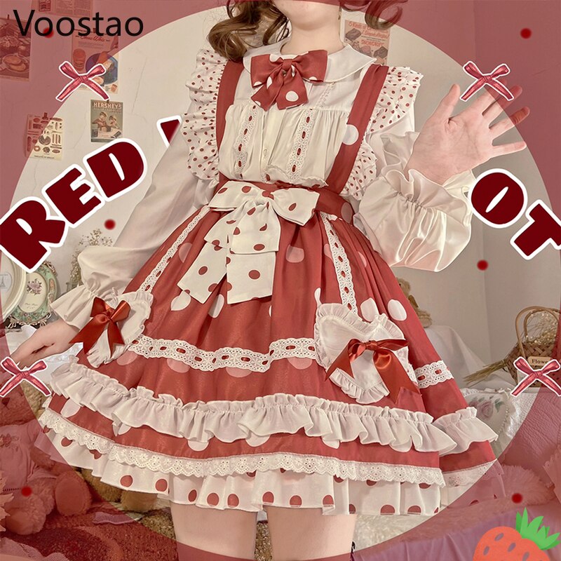Vestido de estilo japonés gótico de Lolita para mujer, ropa Kawaii con estampado de puntos, fresa dulce, Harajuku, femenino, con tirantes