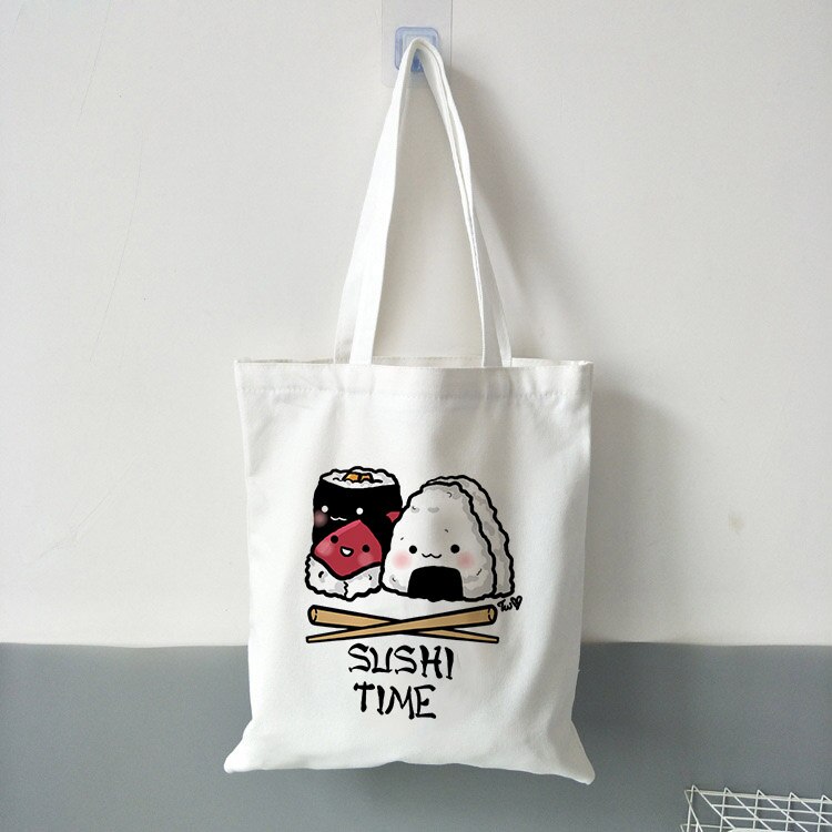 Kawaii sushi sæt tote tasker harajuku pige skuldertaske damer lærred indkøbspose kvindelig øko håndtaske foldbar tote stor kapacitet