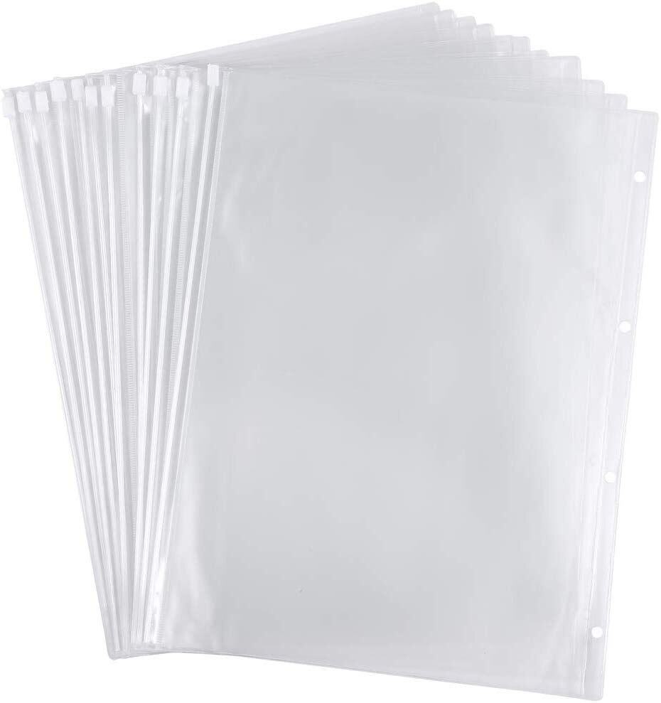 10 Pack Binder Pockets 4 Holes Zipper Folders Provide Long-Term Protection for Documents Pictures（290mm x 218mm）