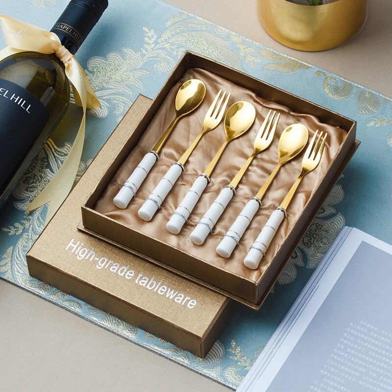Cathylin Ceramic Handle Western Flatware 4 pcs Stainless Steel Cutlery Set Knife Fork Spoon Teaspoon Dinner Set Dinnerware Set: 6pcs set