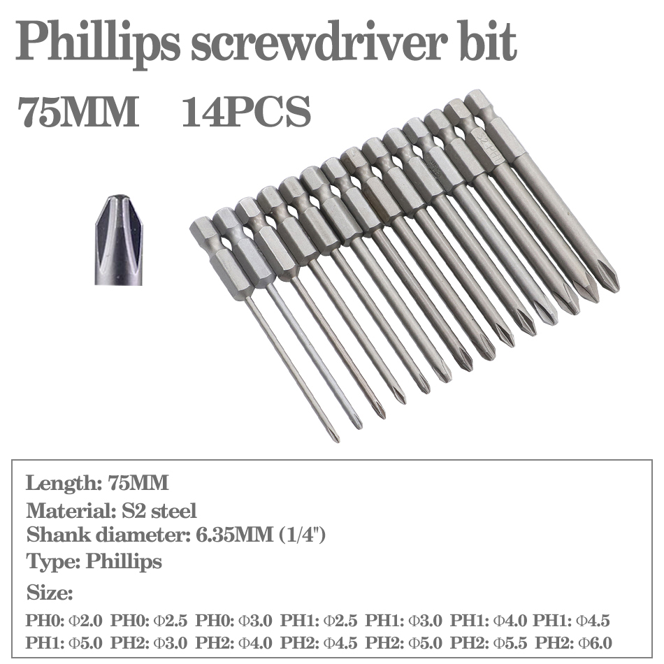12pcs/15pcs 50mm 75mm 100mm 150mm Phillips screwdriver bit S2 alloy steel with magnetic screwdriver bit PH0 PH1 PH2: green