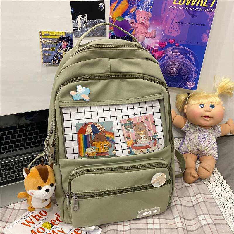 Moda ITA plecak wodoodporny Nylon dla kobiet Laptop panie śliczny żeński plecak Kawaii Student mężczyźni przezroczysty tornister: green / With-Accessories