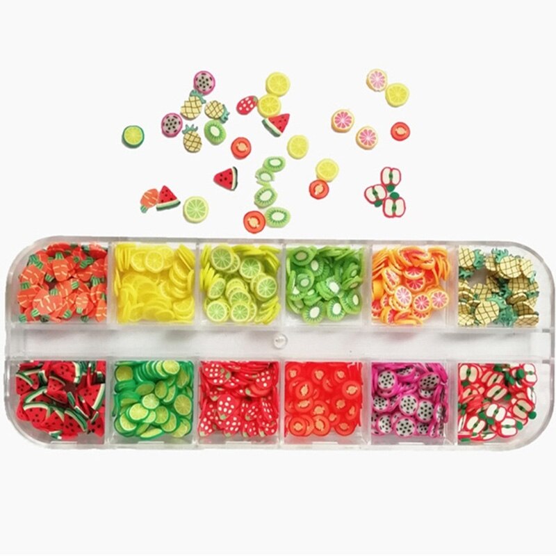 3d nail art tilbehør blandede blomster frugt skåret ler diy negle dekoration neglesmykker 12 gitter/æske