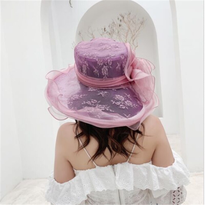 verano elegantes sombreros de playa para mujeres de ala ancha de encaje Floppy sombrero señora té gorras mujer playa UV sol gorros señora sombrero al aire libre