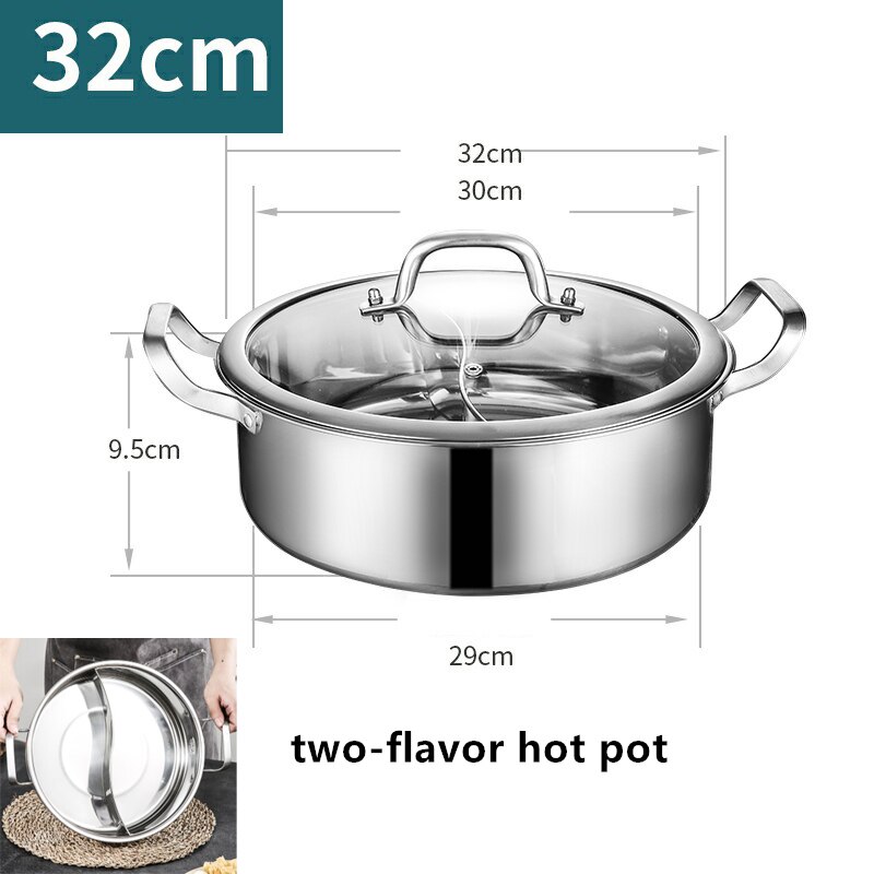 Thickened 304 stainless steel two flavors hotpot special pot for induction cooker pots for cooking soup dumpling noodles pot: 32cm