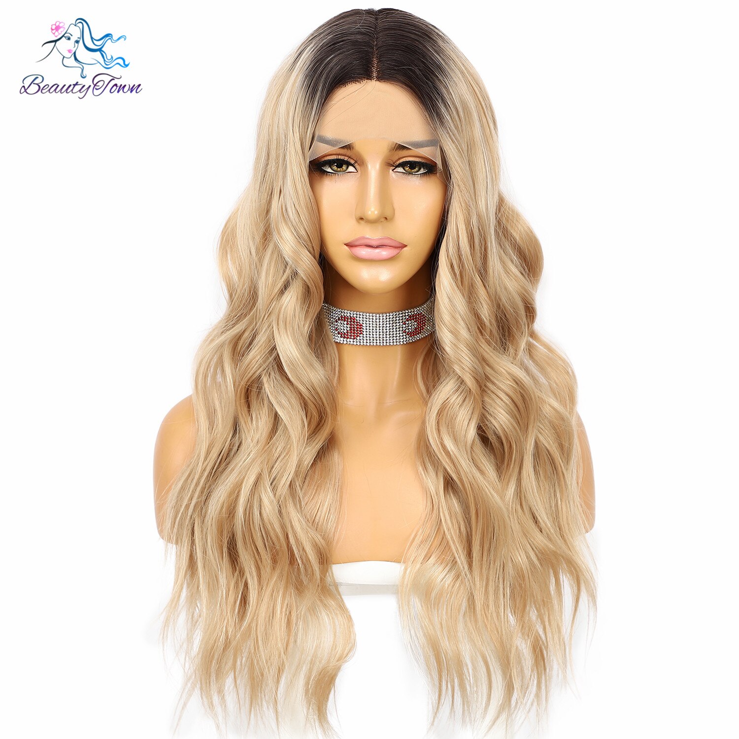 Long Wavy Synthetic Lace Wig Dark Roots Ombre Brown Wigs Women Daily Use Beauty Influncer Synthetic Lace Front Wig