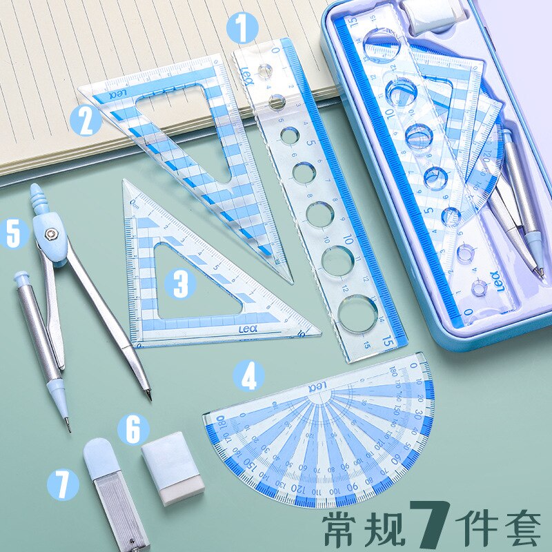 7 pcs/set Template Ruler Compass Drawing Protractor Stationery Set for School Examination Office Supplies Straight Ruler Eraser
