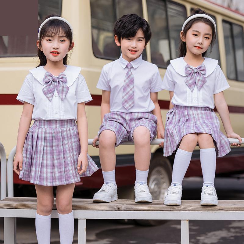 Girls Boys Primary School Uniform Set Children Jk Summer Academy Performance Class Plaid Pleated Skirt Short Sleeve Shirt Suit