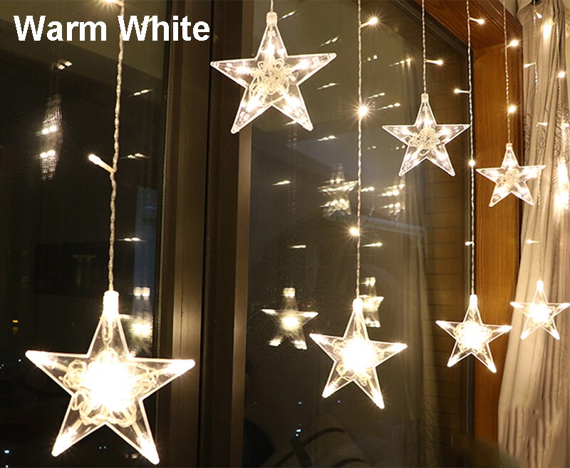 LED Twinkle Star Heart String Lights EU Plug 220V Waterproof Outdoor Christmas Fairy Garlands Curtain Lights Wedding Party Decor: star-warm white
