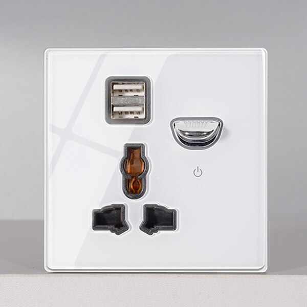 KAMANNI Luxury Light Switch General Standard Crystal Tempered Glass 2Gang 2 Way Switch White Push Botton wall Switches 220V: USB three-hole socke / 1 way