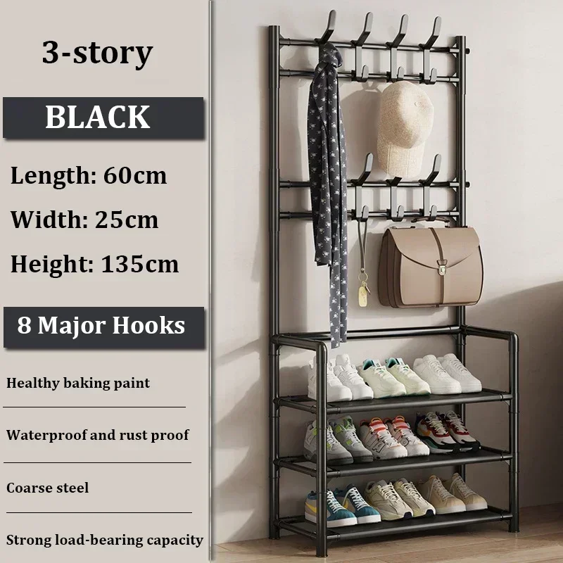 Clothes Hanger Multi-Layer Shoe Rack Shelf Floor Standing Coat Racks Assemble Cloth Storage With Hooks Sneakers Organizer: Mixed Color