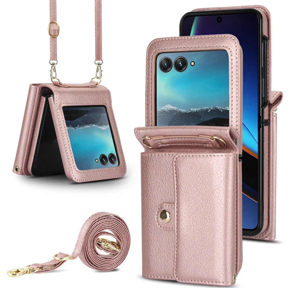Umhängetasche aus Lanyard-Leder für Motorola Razr 40 Ultra, Moto Razr 40 Ultra, Brieftasche, Kartensteckplatz, stoßfeste Abdeckung, Handytasche: Aluminium / Rose