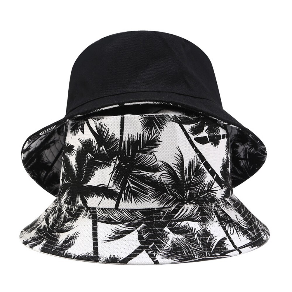 Unisex Summer Reversible Black White Coconut Tree Printed Fisherman Caps Bucket Hats Gorro Pescador Men Women