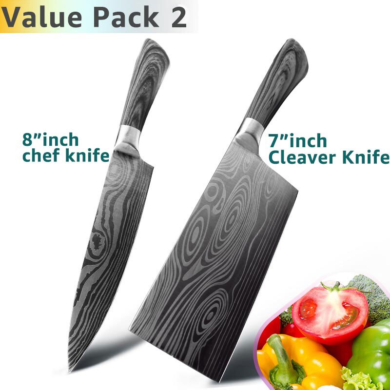 Køkkenkniv 5 7 8 tommer rustfrit stål kokkeknive imiteret damaskus mønster værktøj spaltning kød santoku vegetabilsk skarpt værktøj: Værdipakke 2