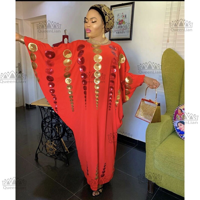 Robe en mousseline de soie, style porté large, à manches longues, Dashiki, pour femmes,: red / L