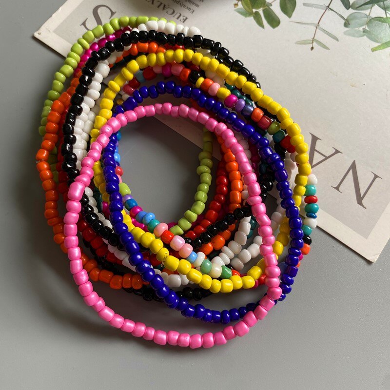 Tobillera colorida para mujer, pulsera de pie con cuentas de semillas diminutas, Color amarillo, rosa y azul, joyería bohemia de verano