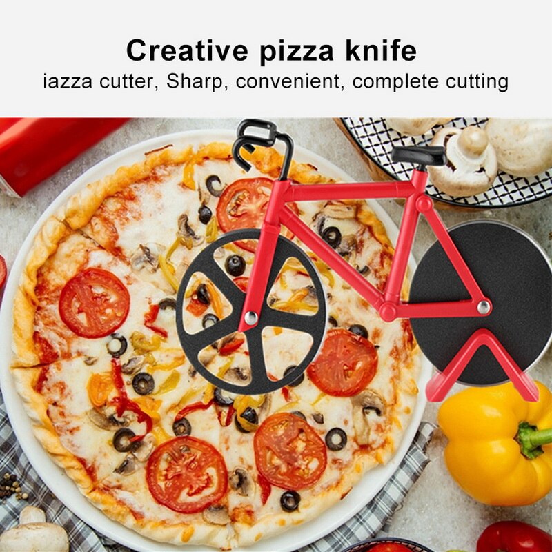 Nowy rodzaj stali nierdzewnej nóż robić pizzy dwukołowy kształt roweru projekt nóż robić pizzy narzędzie robić pizzy wioślarz okrągły nóż robić pizzy nóż robić pizzy