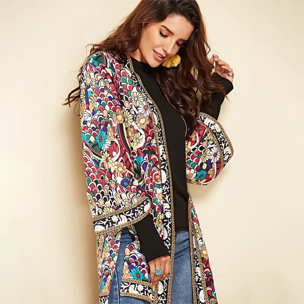 De etnia Floral chaqueta mujeres Otoño de manga larga de verano lateral ropa Casual damas largo Retro chaqueta de Rebeca
