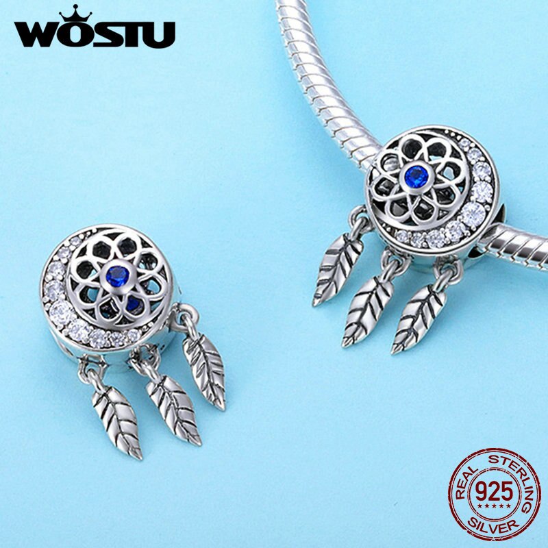 WOSTU 925 Sterling Silver Dream Catcher DreamCatcher Moon Lucky Charm fit Original Brand DIY Bead Bracelet Jewelry CQC718