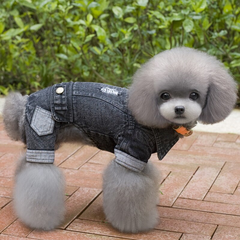 Denim hundedragt fire ben patch jeans hundetøj til kæledyrstøj jumpsuit jakke overalls fritidsstil s-xxl