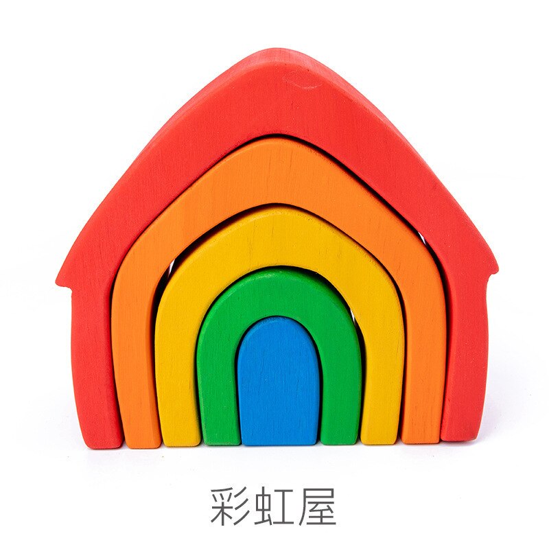 12Pcs Wood Building Blocks Wooden Rainbow Wood Stack Toy for Children Montessori Educational Toy Baby Toys Kids Large: Rainbow House