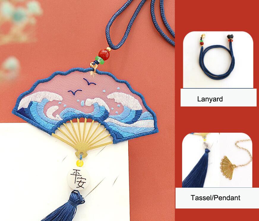 Handmade Diy w kształcie wachlarza zakładki wieszak samochodowy haftowany materiał torba z frędzlami dwustronny haft Ping Fu na prezenty Deco: A491