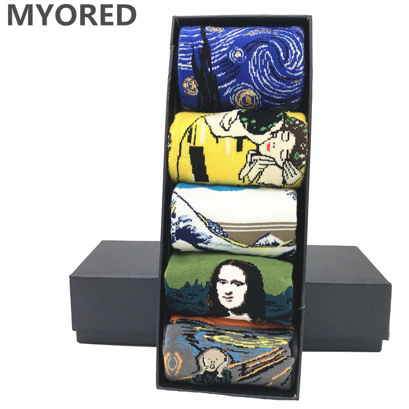 MYORED 5 pair/lot Men's Painting socks cotton Retro Oil Painting socks crew funny sock casual dress colorful wedding NO BOX