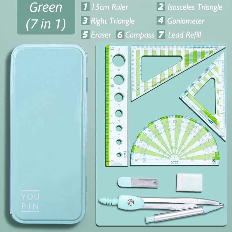 7 in 1 Compass Ruler Sets Drawing Tools Painting Suit Mathematical Children Durable Practical Compass Student Stationery: Green 7 in 1