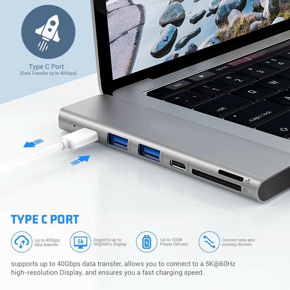 Adaptador leitor de cartão multiportas 4k para macbook air, 7 em 1, duplo tipo c