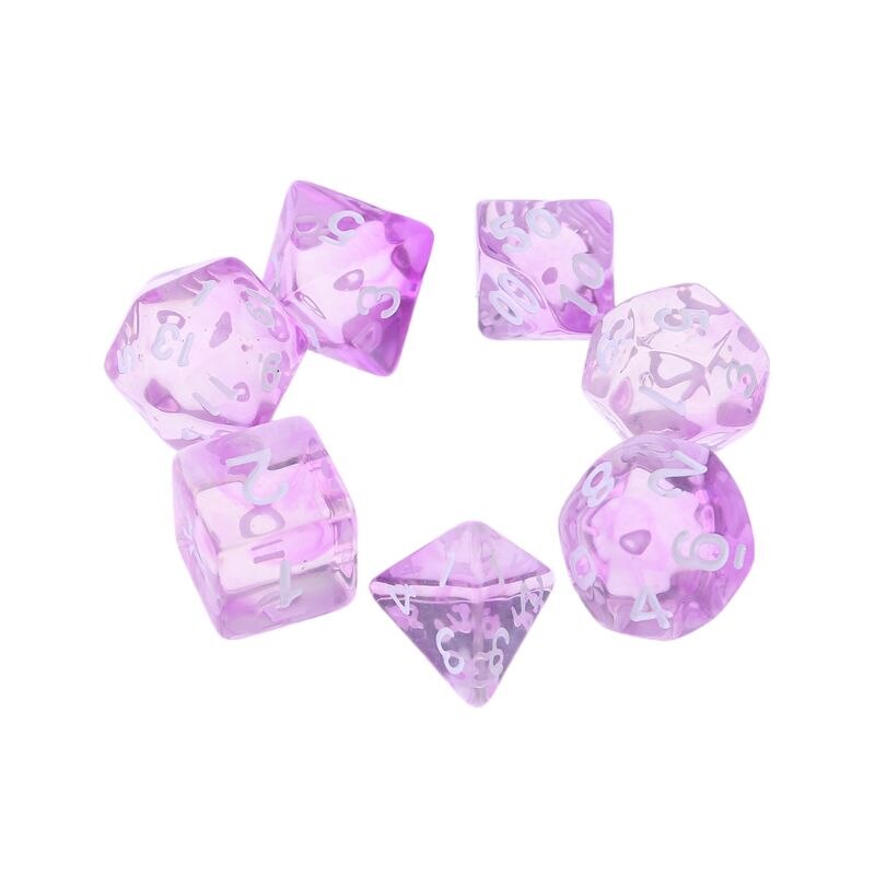 7pcs Transparent Sided Dice D4 D6 D8 D10 D12 D20 &amp; Dragon D&amp;D RPG Poly Table Board Game Set: purple