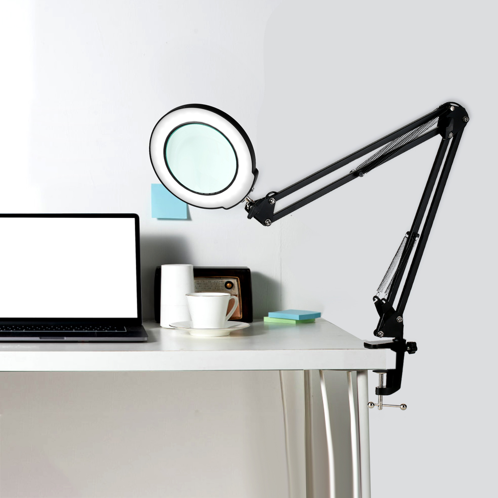 Mini-arbeitsleuchte mit 5x vergrößerungsgläsern, schwenkarm, dimmbaren leds, 5 farbtemperaturen , 5 helligkeitsstufen, klemmleuchte