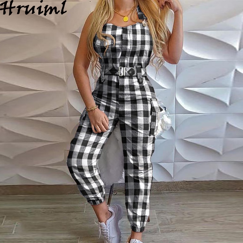 Rutiga jumpsuits overaller för kvinnor ärmlösa slingbågar hög midja ficka romper ledig outfit monos mujer