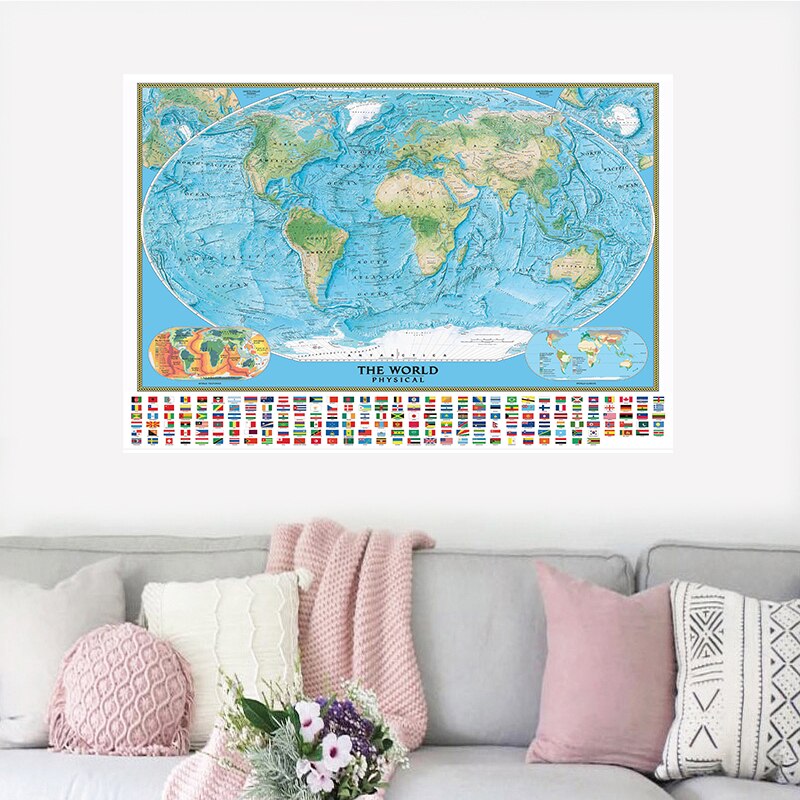 Mapa físico del mundo con banderas nacionales, mapa impermeable no tejido con clima mundial y Tectonics