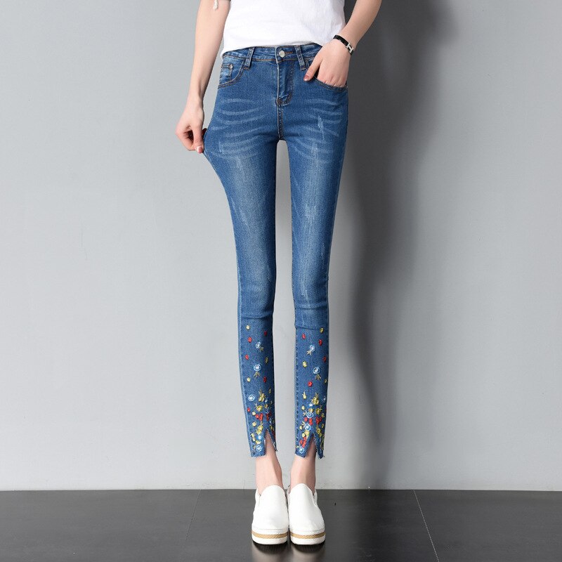 Borduurwerk Jeans Vrouwelijke Zomer Stijl Mode Borduren Was Dun Stretch Enkellange Broek Elasticiteit Kleine Jeans Vrouwen