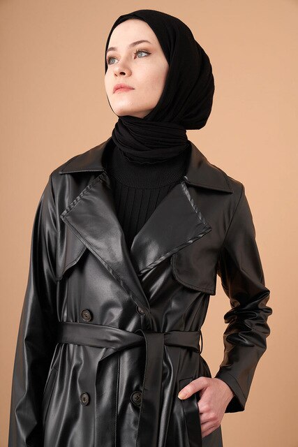 musulmana-gabardina larga de piel sintética con doble botonadura para mujer, cinturón, prendas de vestir, ropa islámica,: Black / 3XL / 4XL