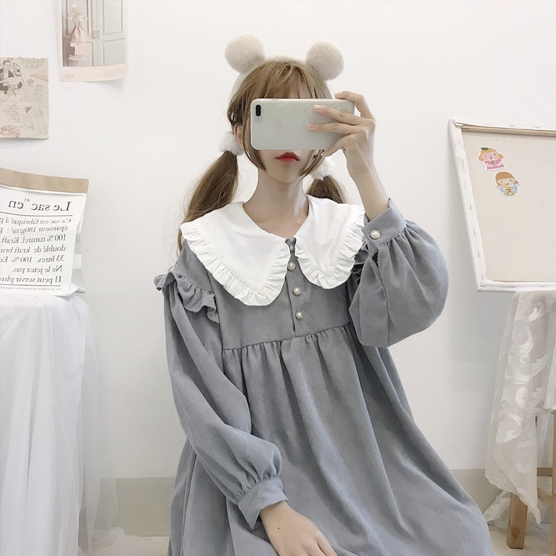 Lolita-robe quotidienne japonaise Kawaii, tenue quotidienne, col de poupée, manches longues ample, à volants, style rétro, automne hiver